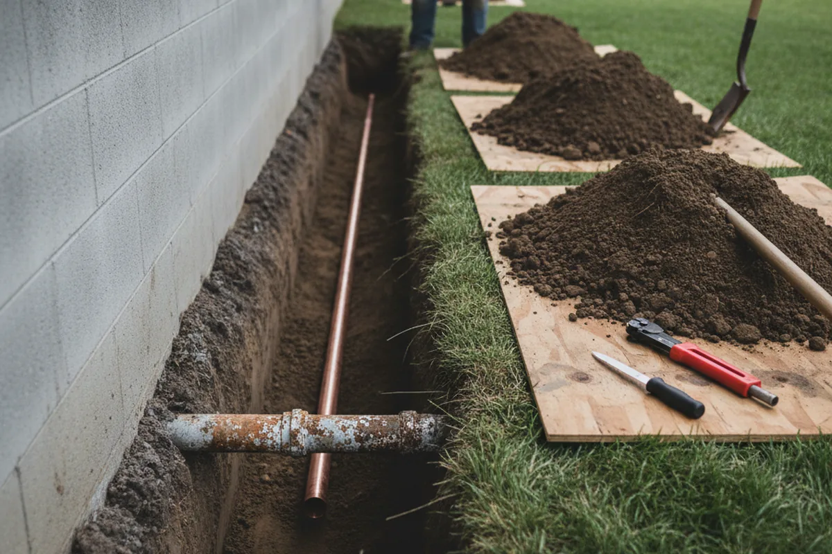 Excavated water line trench during Water Heater Repair in Plainville